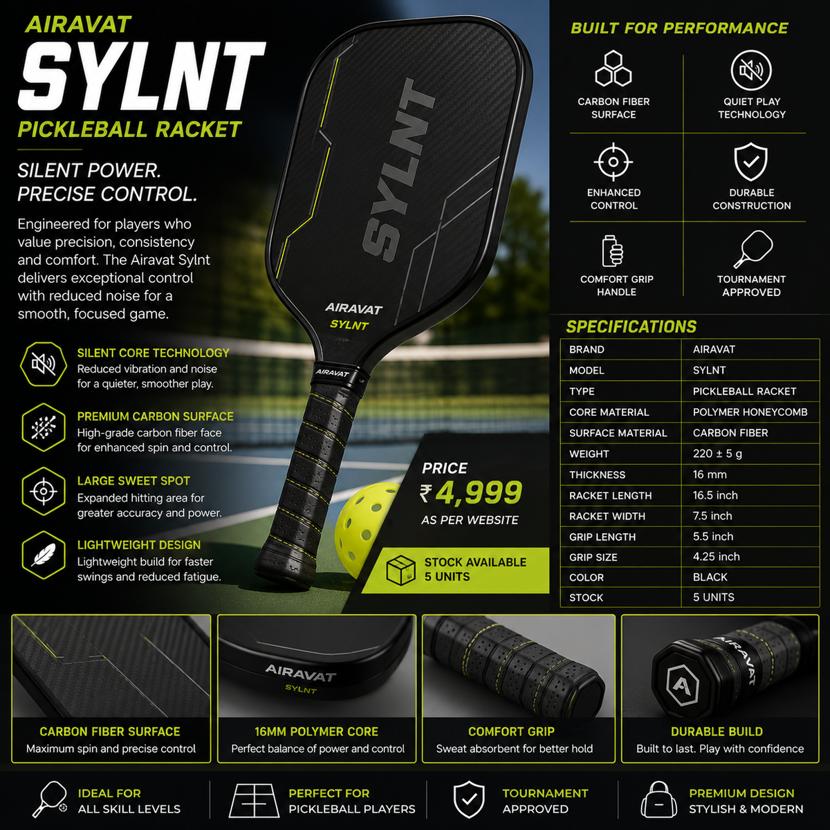 Airavat Sylnt Pickleball Paddle | Premium Carbon Composite Pickleball Racket for Professional & Tournament Play | Black