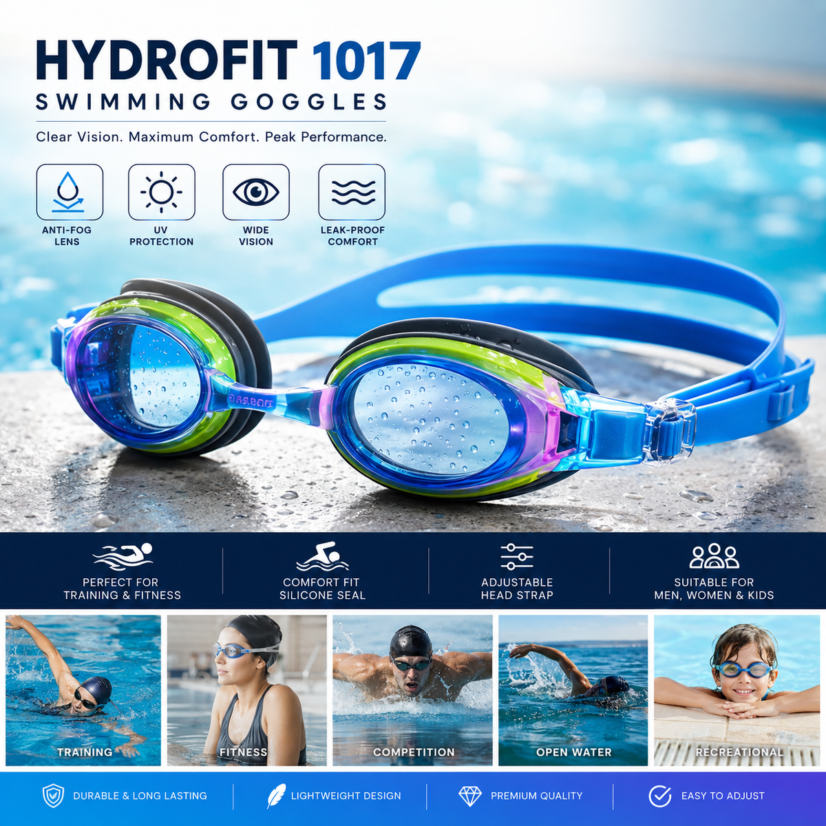 Airavat HYDROFIT 1017 Swimming Goggles | Anti-Fog UV Protection Adjustable Swim Goggles for Men, Women & Kids | Multi-Colour