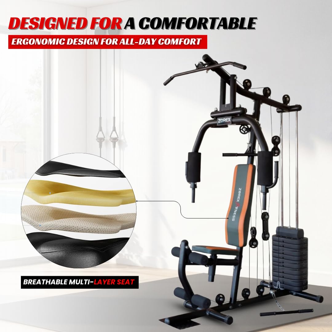 Zorex Fitness HGZ-1001 Round Pipe Multi-Gym Equipment for Home Workout with 72kg Weight Stack for Biceps, Triceps, Chest Press, LAT Pull Down, Leg Extension (Video Call Installation Assistance)