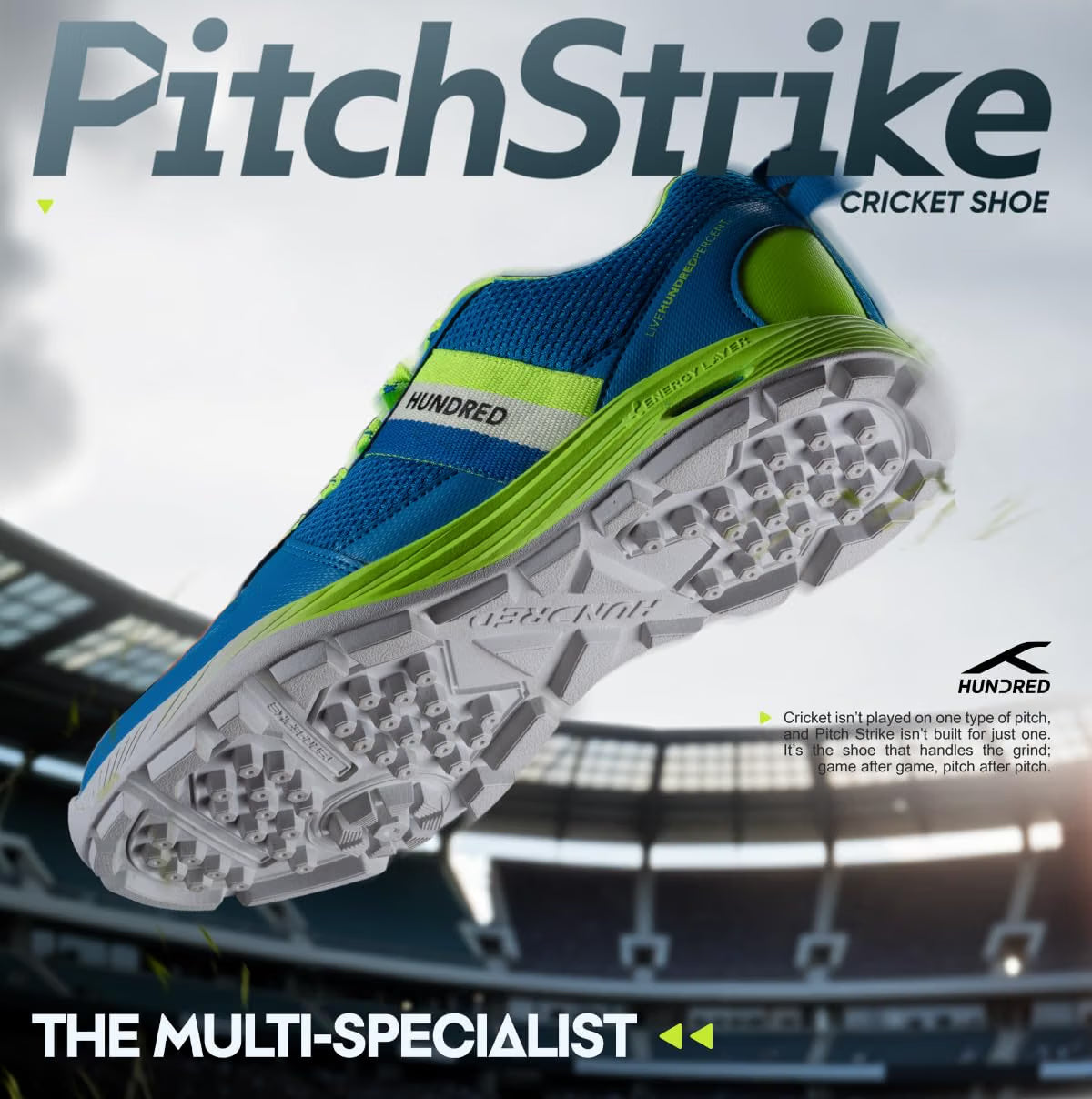 Hundred PitchStrike Cricket Shoes | Multi-Surface Grip with TerraSpike Outsole | Energy Layer Midsole for Cushioning and Support | Lightweight, Breathable