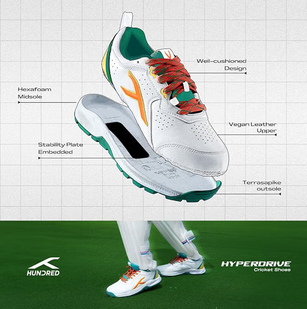 Hundred HyperDrive Cricket Shoes Men | TerraSpike Rubber Studs | Embedded Support Plate for Stability