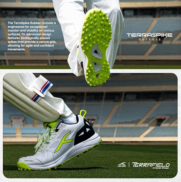 Hundred TerraField Cricket Shoes | TerraSpike Rubber Studs | Embedded Support Plate for Stability | Lightweight & Durable