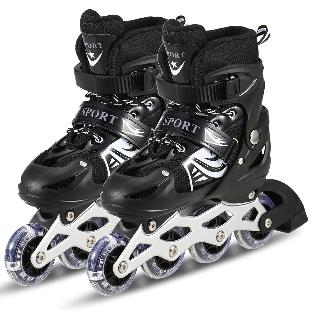 TEKCOOL 4 Wheels Adjustable Inline Skates Skating Shoes for Boys Kids Girls Skating Shoe Adjustable Roller Blades Age 6 to 15 Years PU Strong Wheels Aluminium with LED Flash Light on Wheels (Black)