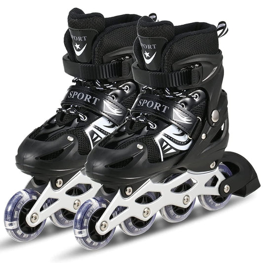 TEKCOOL 4 Wheels Adjustable Inline Skates Skating Shoes for Boys Kids Girls Skating Shoe Adjustable Roller Blades Age 6 to 15 Years PU Strong Wheels Aluminium with LED Flash Light on Wheels (Black)