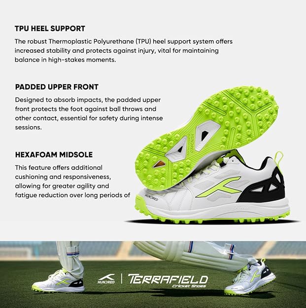 Hundred TerraField Cricket Shoes | TerraSpike Rubber Studs | Embedded Support Plate for Stability | Lightweight & Durable