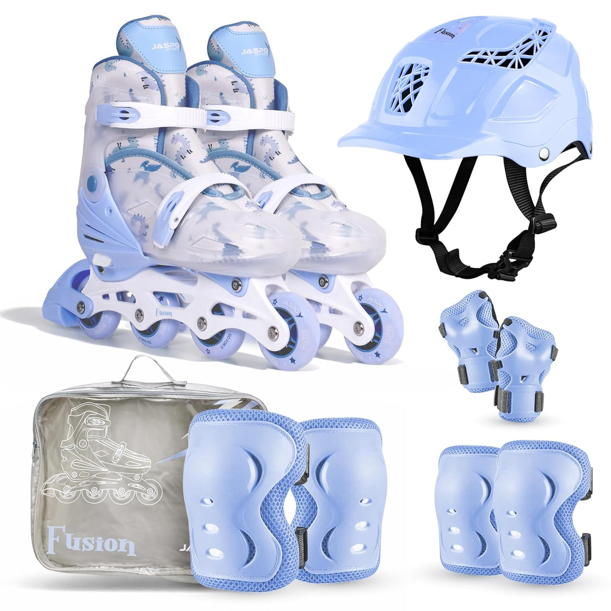 JASPO Fusion Inline Skates Combo for Kids & Youth | Adjustable | 70mm PU Wheels & ABEC-7 Bearings | Helmet, Knee, Elbow & Wrist Guards | Ultra-Comfort Padding | (Blue, Small 17.5-20cm)