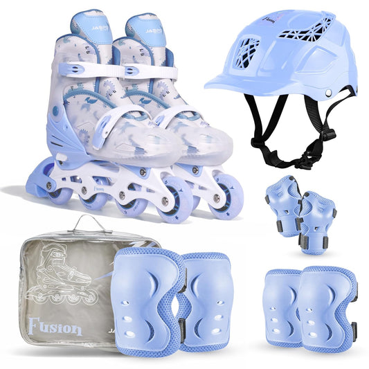 JASPO Fusion Inline Skates Combo for Kids & Youth | Adjustable | 70mm PU Wheels & ABEC-7 Bearings | Helmet, Knee, Elbow & Wrist Guards | Ultra-Comfort Padding | (Blue, Small 17.5-20cm)
