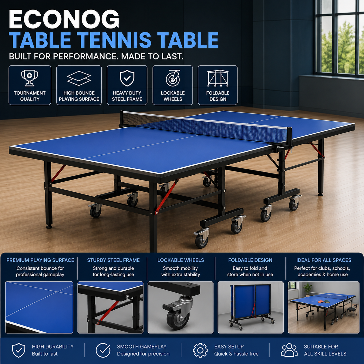 KTR Matco Econog Table Tennis Table | Professional Indoor Foldable TT Table | Heavy-Duty Practice & Tournament Table