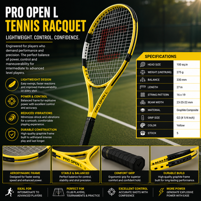 Wilson Pro Open L Tennis Racquet | Lightweight Graphite Tennis Racket for Intermediate & Advanced Players | Yellow