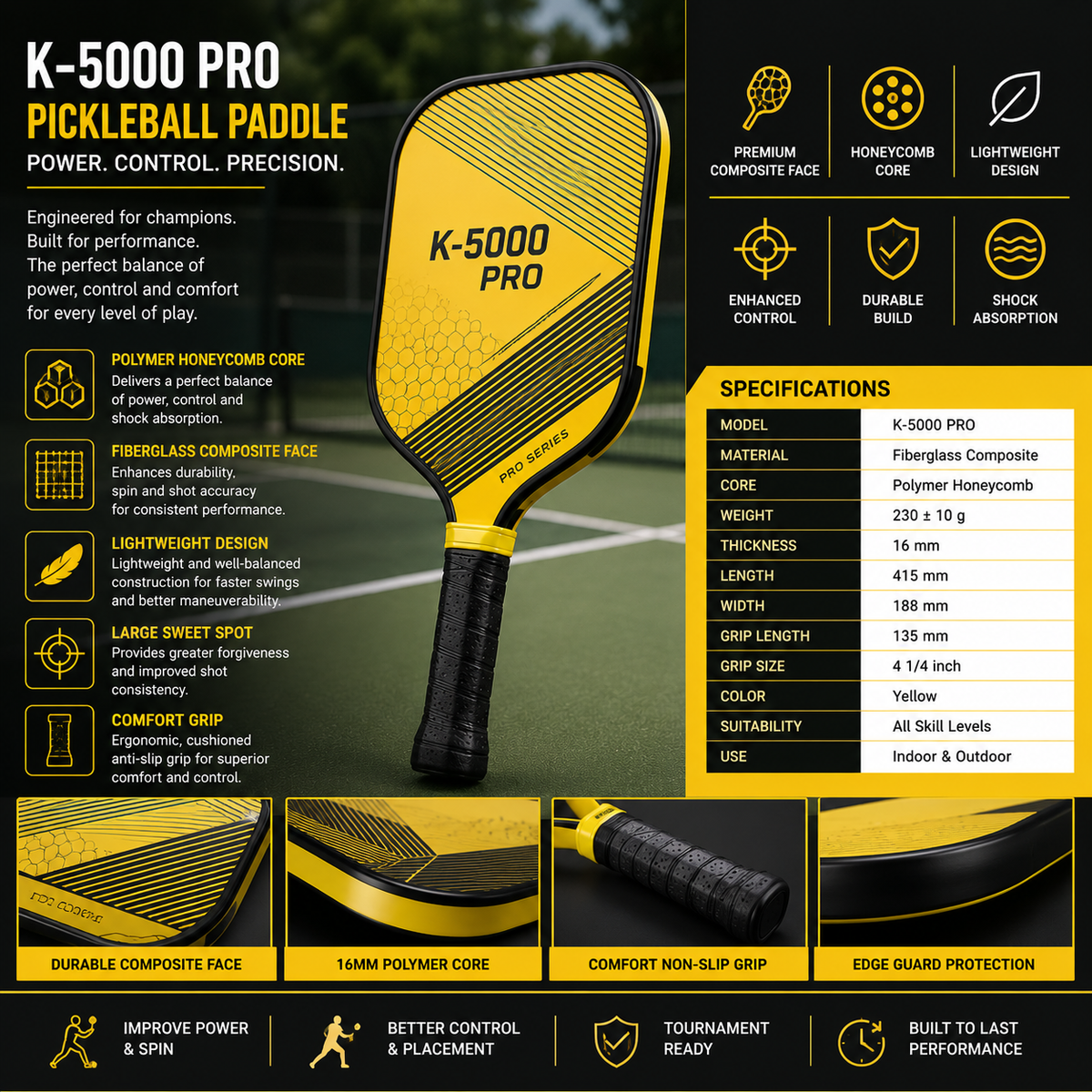 Nivia K-5000 Pro Pickleball Paddle | Professional Fiberglass Composite Pickleball Racket for Tournament & Training | Yellow