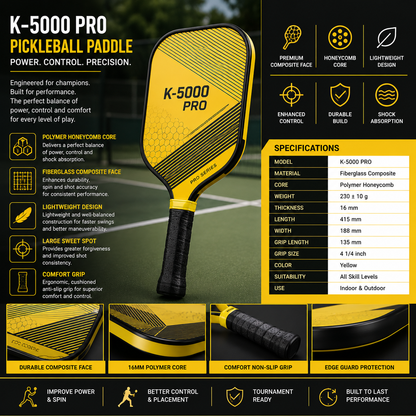 Nivia K-5000 Pro Pickleball Paddle | Professional Fiberglass Composite Pickleball Racket for Tournament & Training | Yellow