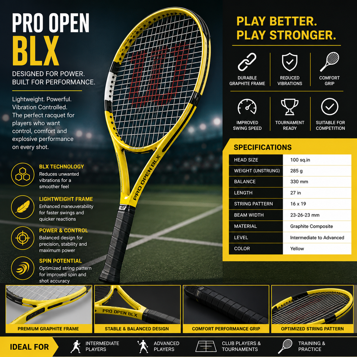 Wilson Pro Open BLX Tennis Racquet | Lightweight Graphite Performance Racquet for Intermediate & Advanced Players | Yellow