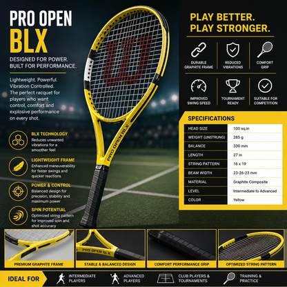 Wilson Pro Open BLX Tennis Racquet | Lightweight Graphite Performance Racquet for Intermediate & Advanced Players | Yellow