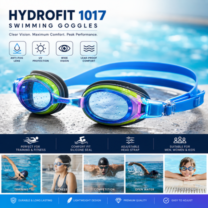 Airavat HYDROFIT 1017 Swimming Goggles | Anti-Fog UV Protection Adjustable Swim Goggles for Men, Women & Kids | Multi-Colour