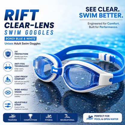 Unisex Adult Rift Clear-Lens Swim Goggles - Bondi Blue & White | Anti-Fog UV Protection Swimming Goggles